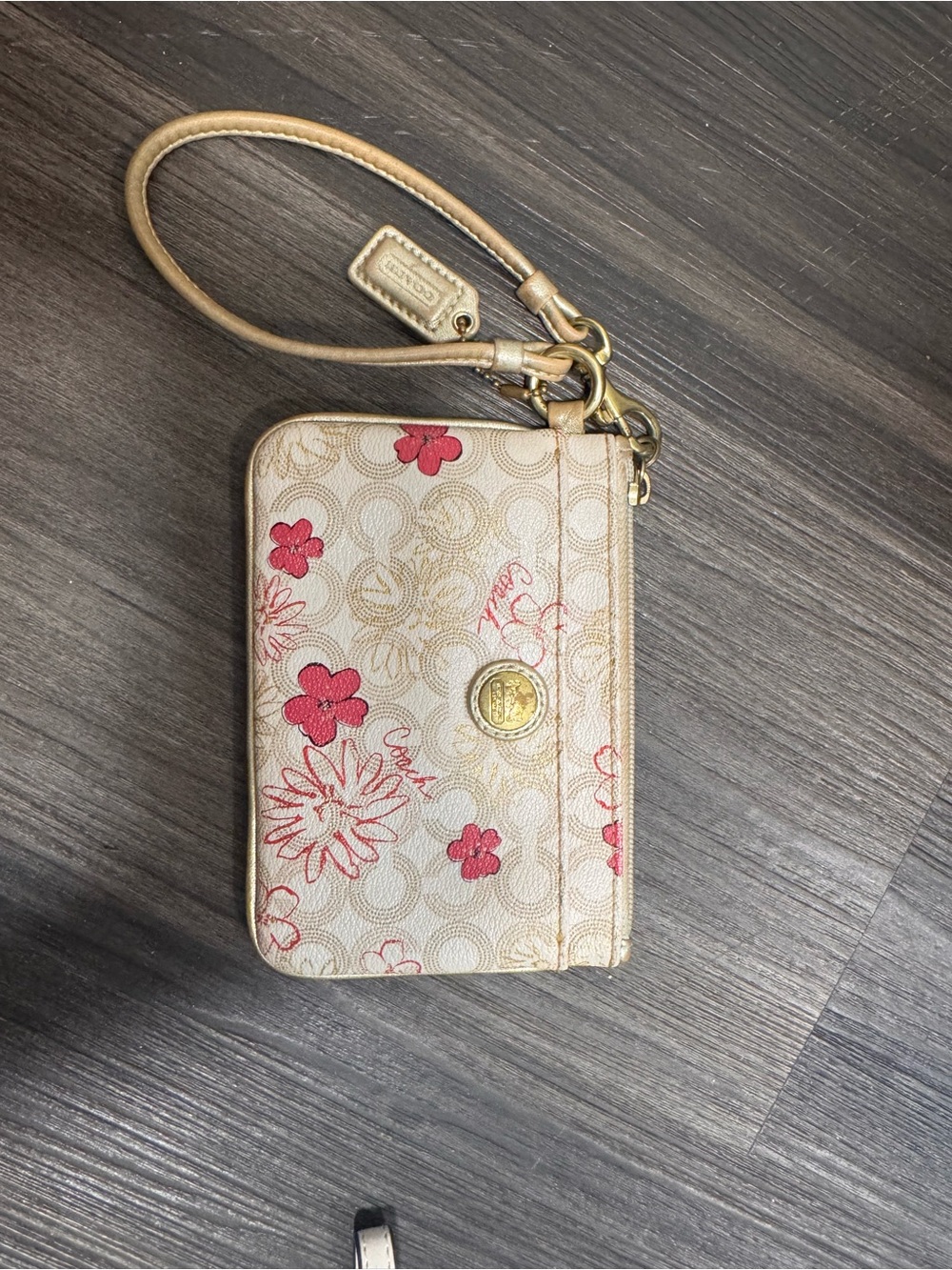 Coach Cream Floral Signature Wristlet with Pink Accents